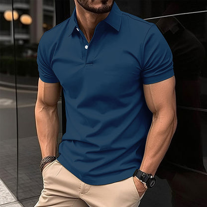 Polo d'été à manches courtes pour homme, couleur unie, boutonné, revers