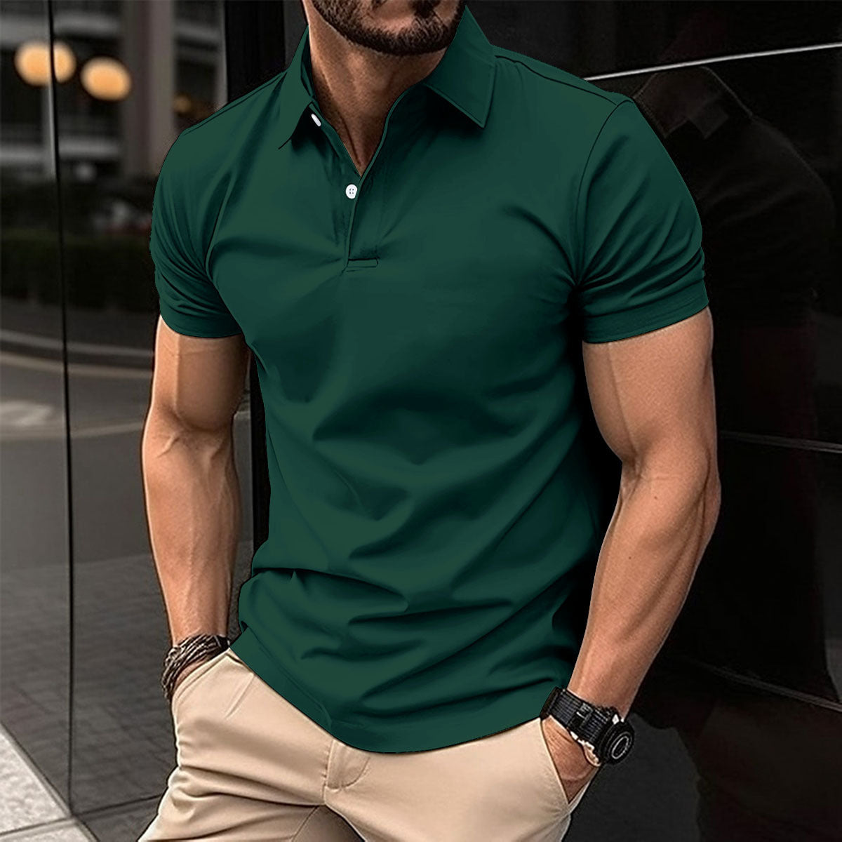 Polo d'été à manches courtes pour homme, couleur unie, boutonné, revers